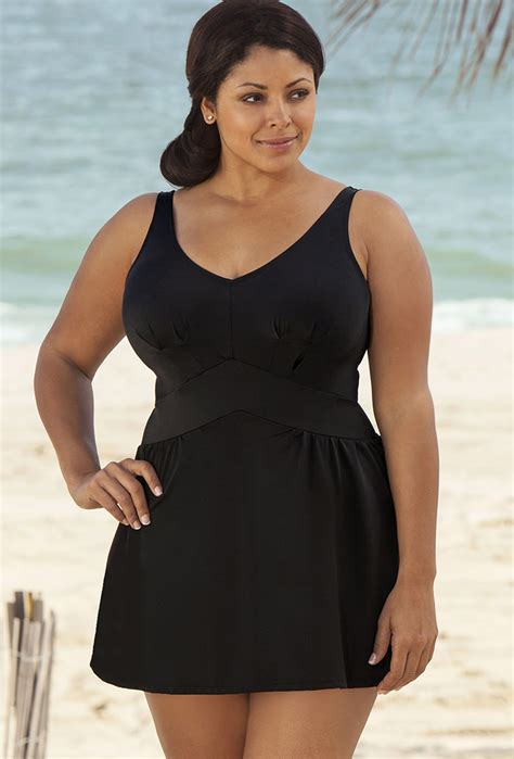 Beach Belle Black Plus Size V Neck Swimdress Plus Size Swimwear