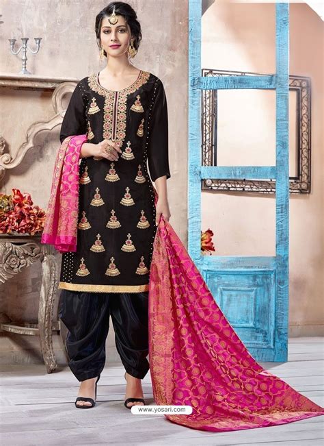 Black Pure Upadda Silk Embroidered Designer Salwar Suit Punjabi Suits Salwar Suits Punjabi