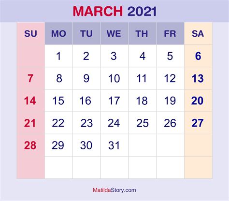 March 2021 Monthly Calendar Monthly Planner Printable Free Sunday