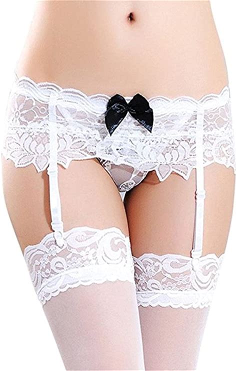 mismxc women s 3 pieces lace garter belt stockings sets with butterfly panty white
