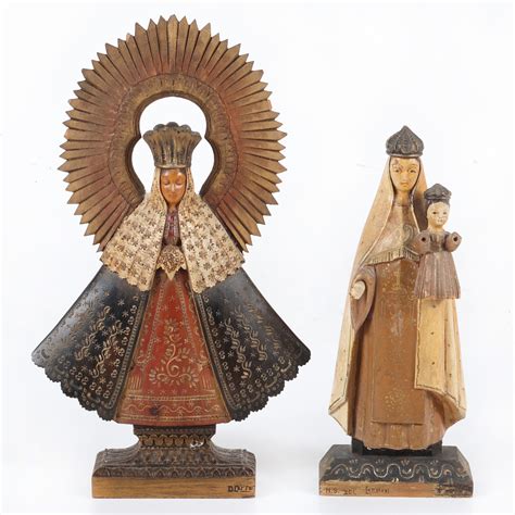 Lot Two Signed Carved And Polychromed Mexican Santos Figures Virgin