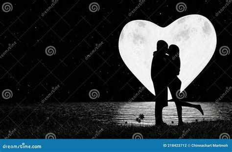 Silhouette Lovers Kissing Romanticly Heart Shap Full Moon And A Star