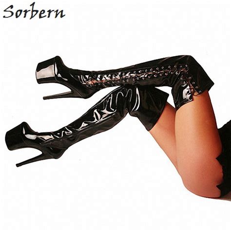 Sorbern Black Lace Up Side Shoes Big Size Over Knee Womens Boots Bdsm