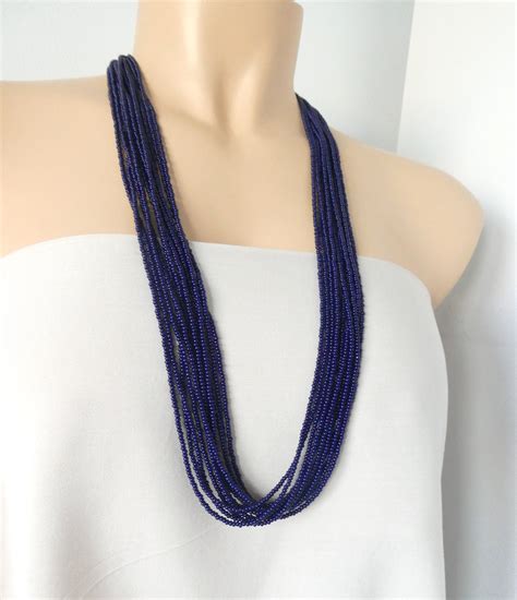 Long Beaded Navy Blue Necklace Dark Blue Necklace Statement Etsy