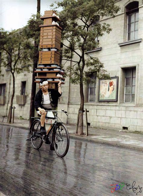 A Japanese Man Rides His Bike Carrying Soba Noodles On His Shoulder In Tokyo 1935 R Colorization
