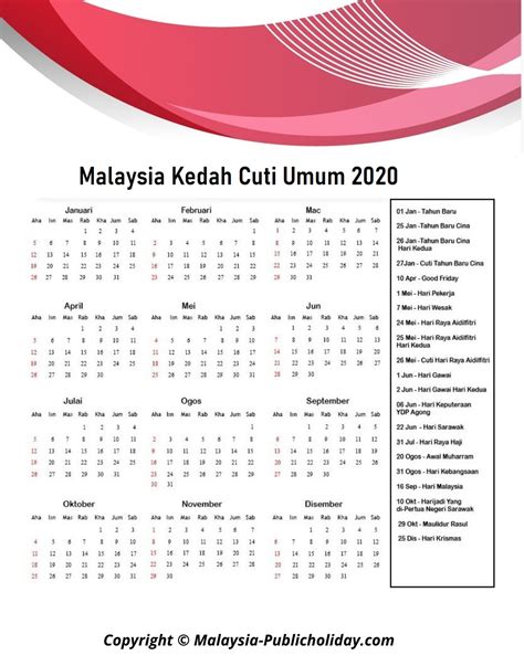 Kuala lumpur, putrajaya, johor, kedah, negeri sembilan, perak, pulau pinang & selangor. Kedah Cuti Umum Kalendar 2020