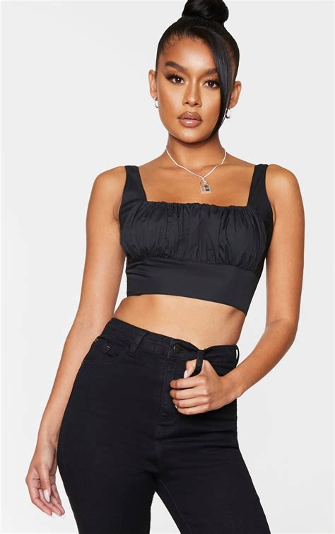 Black Woven Ruched Bust Crop Top Prettylittlething