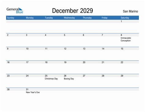 Editable December 2029 Calendar With San Marino Holidays