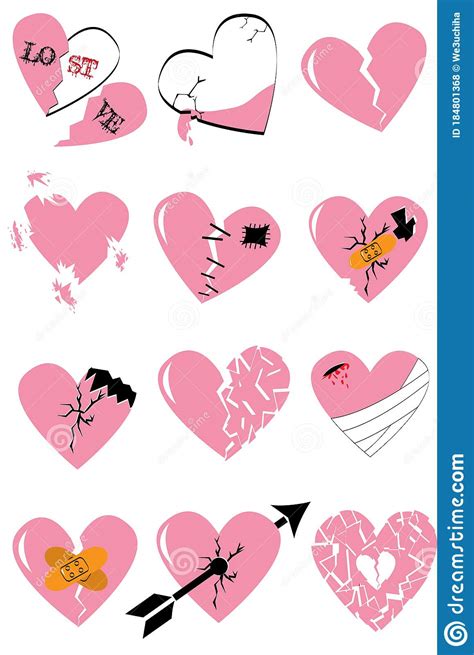 Broken Hearts Vector Set Of Icons And Symbols In Pink Color With Wound
