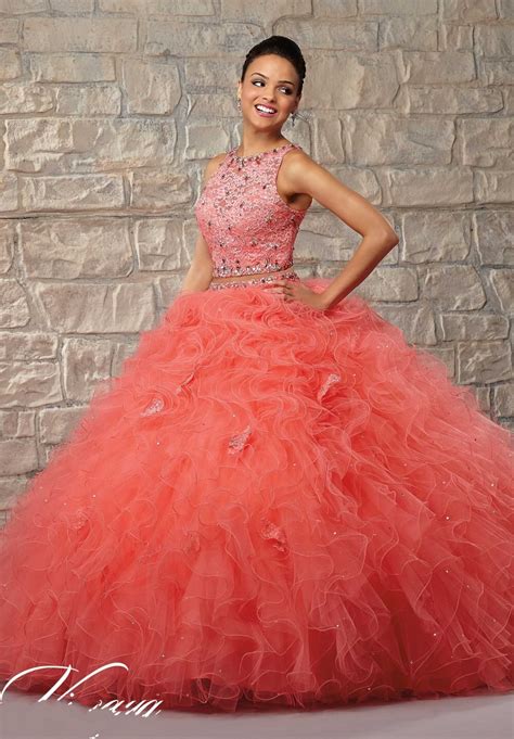 Cheap Tulle And Lace Pieces Puffy Coral Quinceanera Dresses Ball Gowns Ruffled Beaded