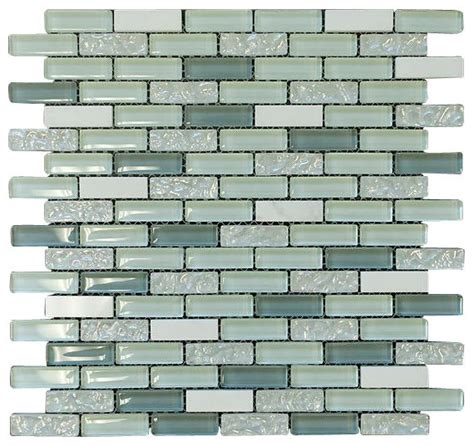 Aqua Green And White Crystal Glass Mosaic Tile Brick Pattern Glossy