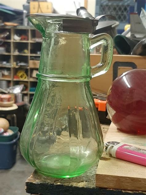 Depression Vaseline Green Glass Syrup Honey Pitcher Metal Spring Lid