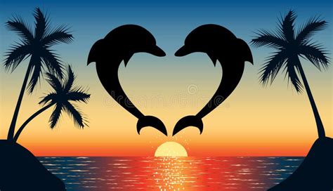 Jumping Up Dolphin Shaped Heart With Sunset Stock Vector Illustration