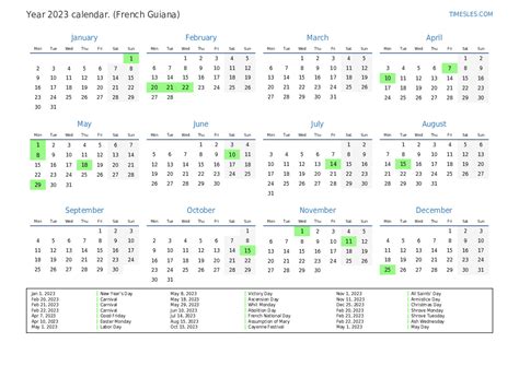 Calendar For 2023 With Holidays In French Guiana Print And Download