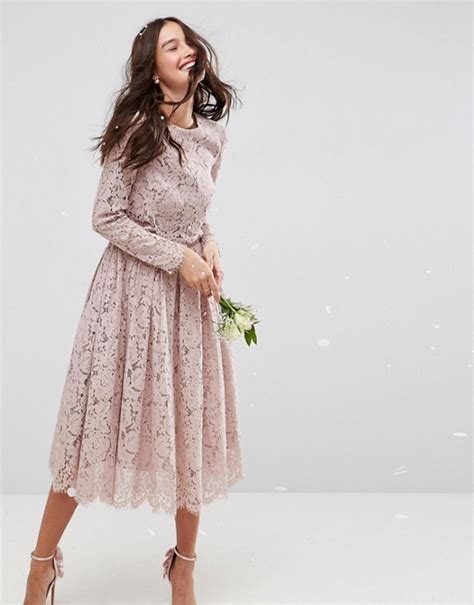 Asos Design Asos Design Bridesmaid Lace Long Sleeve Midi Prom Dress