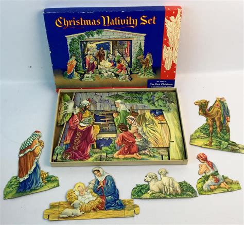 Lot Vintage Cardboard Stand Up Nativity Set In Original Box W