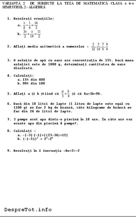 Teza Matematica Clasa 6 Sem 2 Varianta 2 Algebra