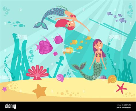 Cartoon Fairytale Underwater Vector Background With Mermaids Fish Girl