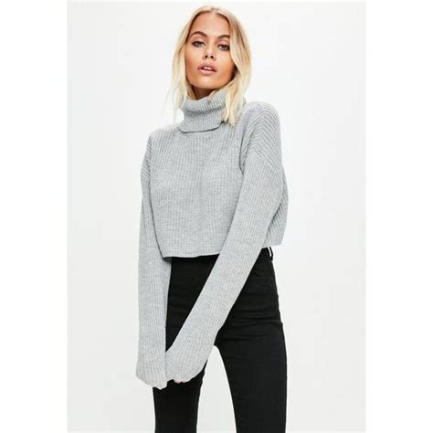 Missguided Roll Neck Knitted Crop Sweater 34 Liked On Polyvore Featuring Tops Sweaters Grey
