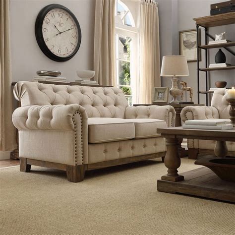 Loveseat sofas snuggler chairs 1.5 and 2 seater small sofas large wide swivel cuddler armchairs petite settees chaise longues french furniture. Greenwich Tufted Rolled Arm Nailhead Beige Chesterfield ...
