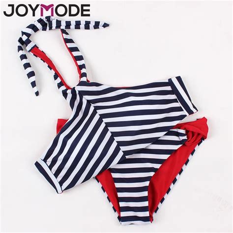 Joymode Summer Women Sexy Bikini Set Black White Striped Swimsuit Halter Swimwear Cross Bandage