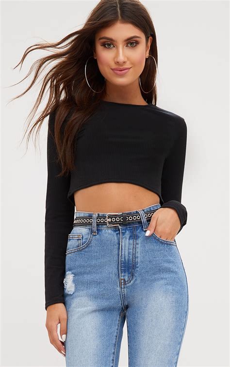 Black Ribbed Long Sleeve Crop Top Tops Prettylittlething Usa