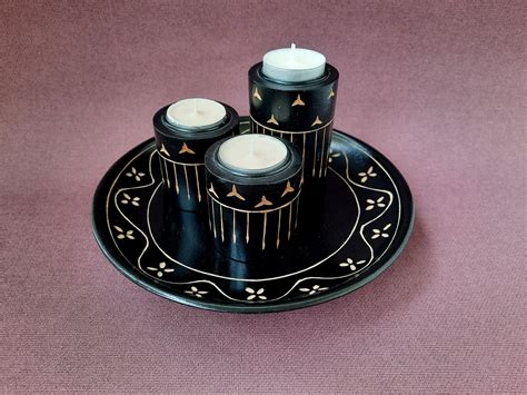 Vintage Wooden Candlestick Wooden Plate With Three Candle Etsy