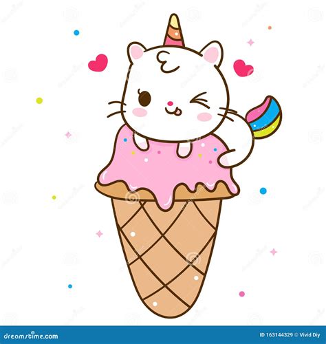 Cute Unicorn Cat Vector With Sweet Ice Cream Cone Cartoon Kawaii Animal