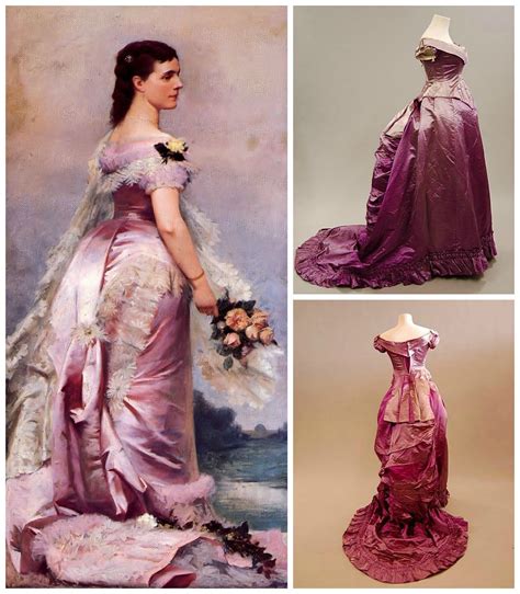 Cerise Pink Satin Ball Gown C 1880 With Long Low Bodice And Trained