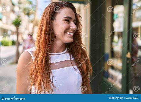 Beautiful Redhead Woman Smilling Happy Outdoors At The City Stock Image Image Of Caucasian