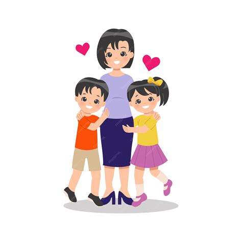 Joven Madre Monoparental Con Sus Hijos Niño Y Niña Abrazan A Su Mamá