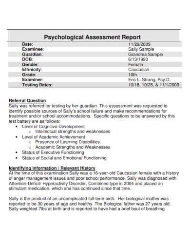 Free 10 Psychological Assessment Report Samples Clinical Child