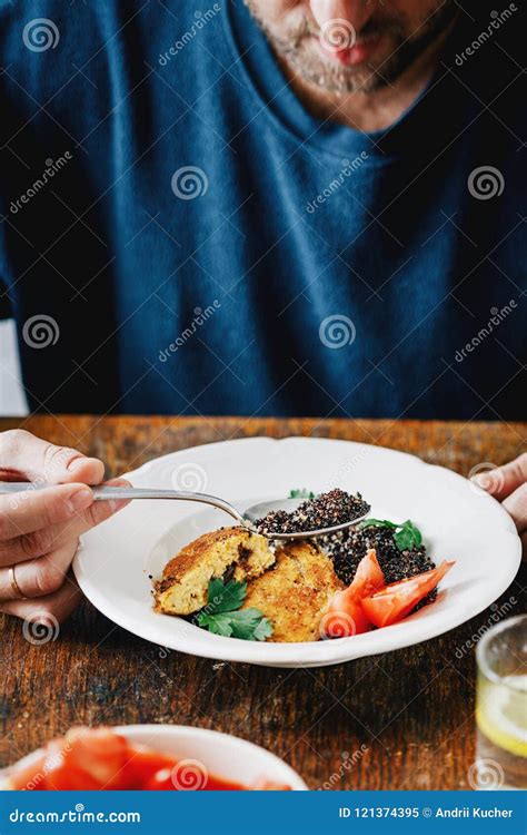 Man Vegetarian Eats Healthy Food Healthy Lifestyle Concept Stock Image