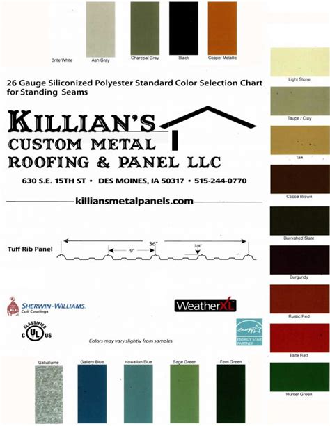 Color Chart Large Standing Seams Killians Custom Metal Roofing And Panel