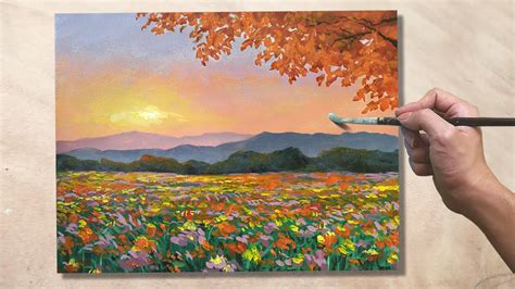 Acrylic Painting Flower Field Landscape Youtube