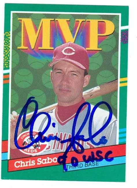 Card description nm ex/nm ex vg good; Chris Sabo autographed baseball card (Cincinnati Reds) 1991 Donruss #412 MVP inscribed 90 WSC