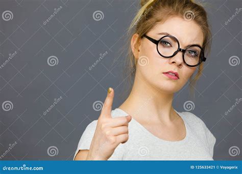 Woman Wearing Eyeglasses Pointing At Camera Stock Image Image Of
