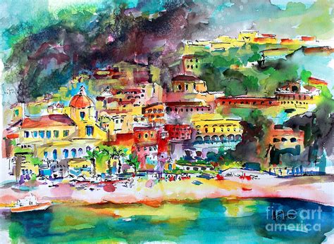 Amalfi Coast Positano Summer Fun Watercolor Painting Painting By