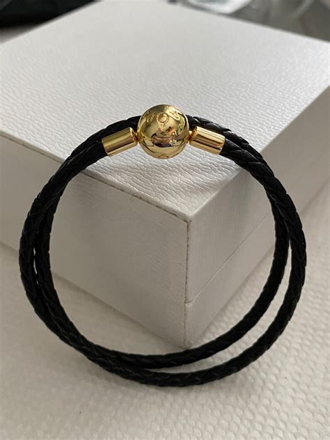 Pandora Bracelet Black Leather Shine 18k Clasp Double Wrap Etsy