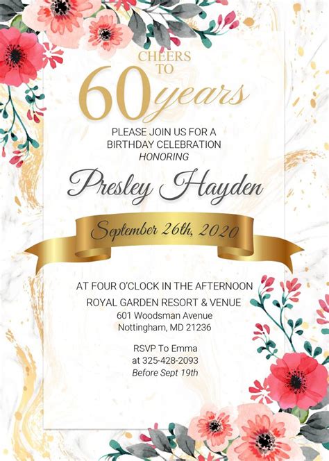 Floral 60th Birthday Invitation Templates Editable With Ms Word