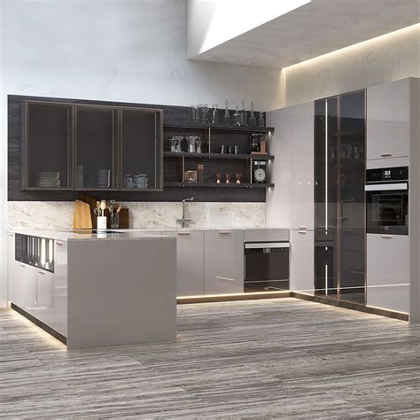 China Grey Modern Design Lacquer Kitchen Cabinet With Glass Door