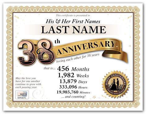 Personalized Happy 38th Wedding Anniversary Certificate 38 Years