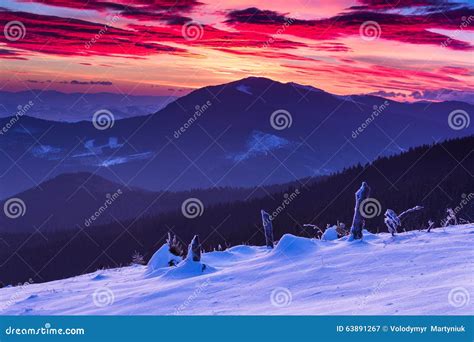 Colorful Winter Morning In The Mountains Dramatic Overcast Sky Stock