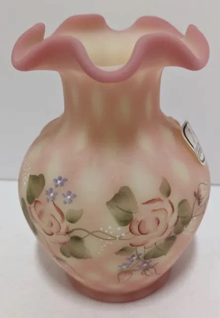 Fenton 4” Burmese Diamond Optic Yellow Pink Roses Hand Painted Vase Signed Glows 79 99 Picclick