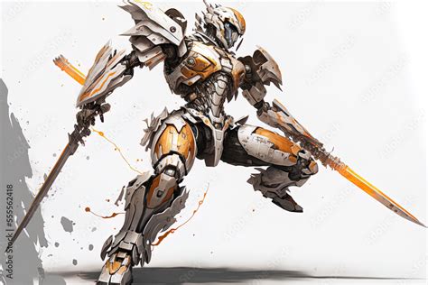 Sci Fi Mech Warrior Leaping And Using A Katana Blade To Strike