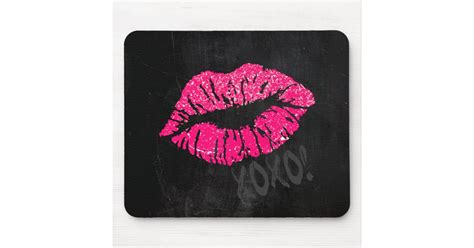 Glamorous Pink Kissy Lips With Xoxo On Black Mouse Mat Uk