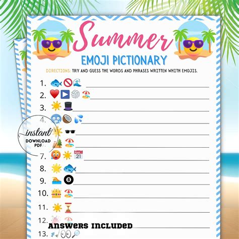 Summer Emoji Pictionary Game Party Games Emoji Trivia Summer