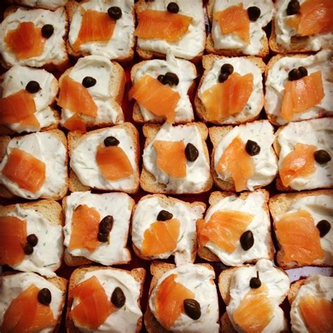 Bruschetta with capers & olives. Herbed cream cheese, smoked salmon, and capers on mini ...