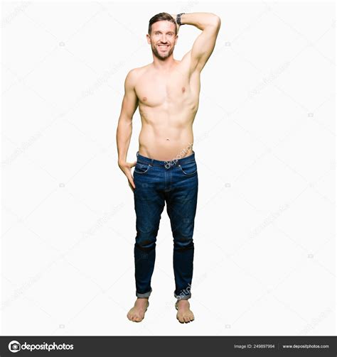 Handsome Shirtless Man Showing Nude Chest Smiling Confident Touching Hair Stock Photo By