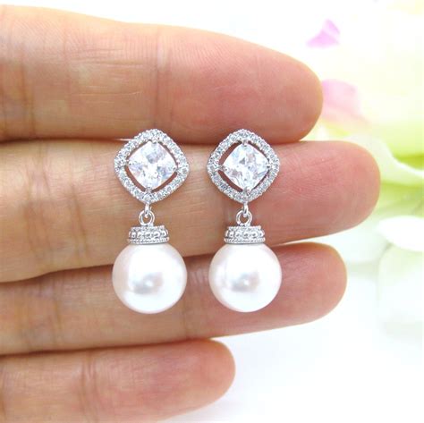 Bridal Pearl Earrings Swarovski Crystal 10mm Round Pearl Cubic Etsy